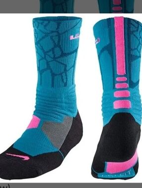 Nike Elite Hyper Multicolor Crew LeBron Cushioned Basketball Sock Blue Large